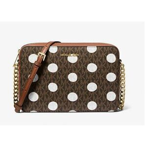 NWT~GIFT BOXED~MICHAEL KORS Large Jet Set Brown Polka Dot Sig Logo Crossbody Bag